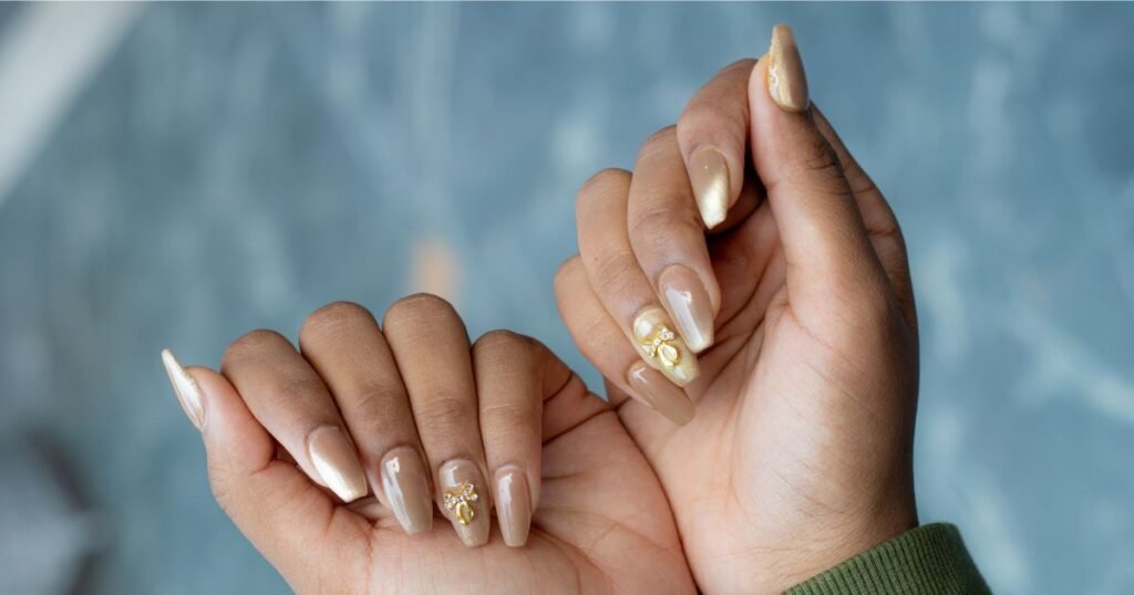 Champagne Velvet & Gold Bow Nails