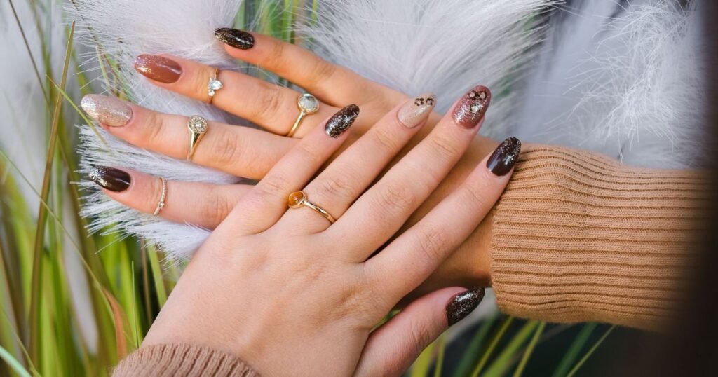 Glittery Espresso Skittle Nails
