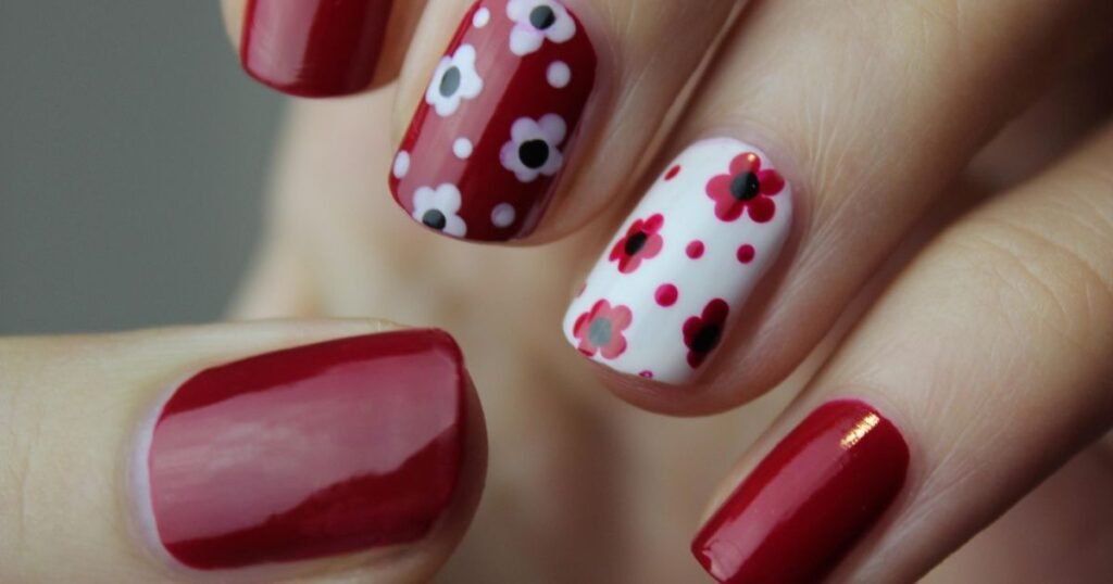 Retro Cherry Red Floral Nails