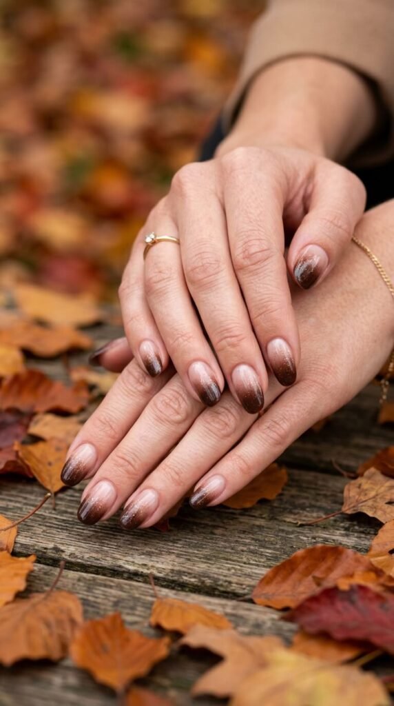 Gradient Nails With Brown And Glitter Tips