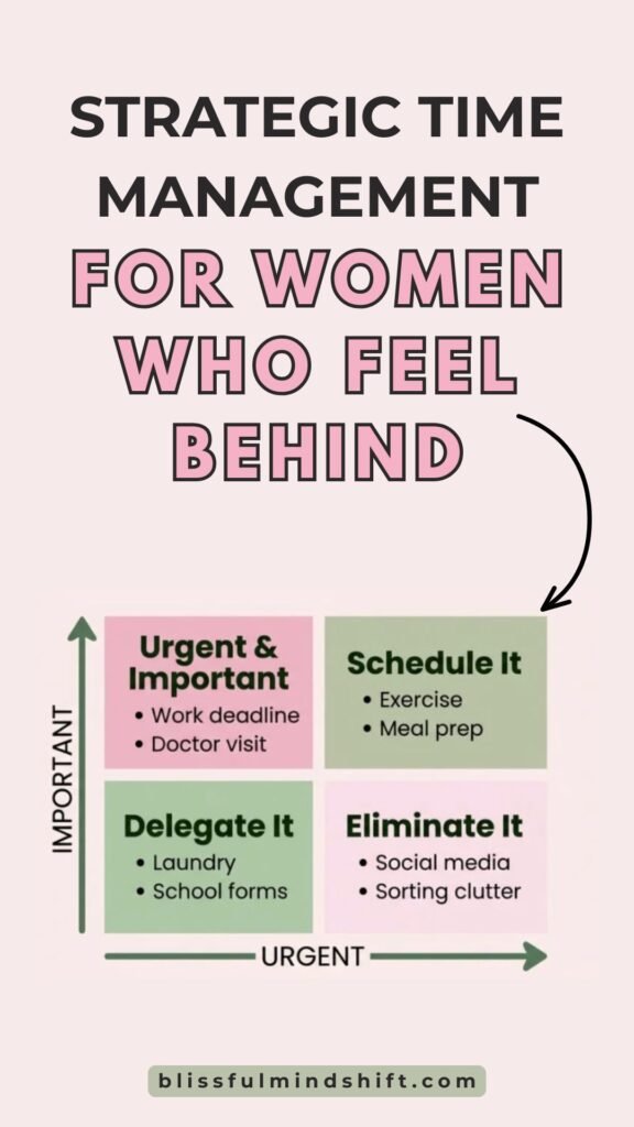 Most time management advice fails busy women because it's written for a week that doesn't exist. This post covers strategic time management for real life, including how to sort your tasks using the 4 quadrants of time management, why your brain grabs the small stuff first under stress, and simple planning and time management habits that actually stick around.