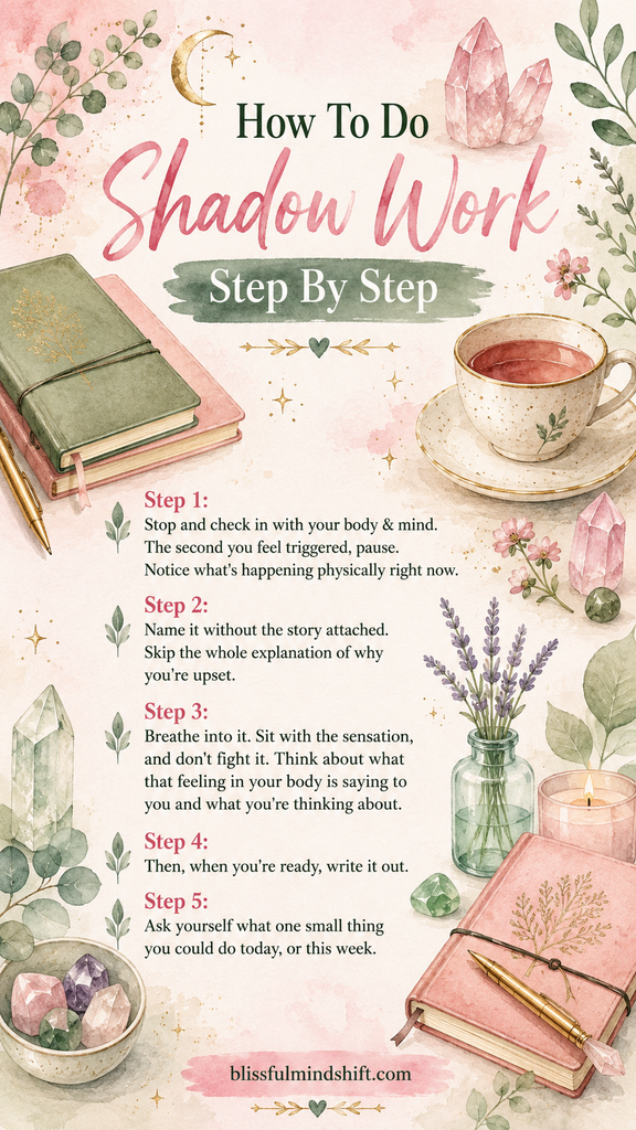 If you've been putting off shadow work for beginners because the word alone scares you, this breaks it down in plain language. Learn how to do shadow work step by step, what your shadow actually holds, and why it's not just the negative parts of you. Includes gentle journal prompts to help you notice the patterns you keep repeating, plus practical healing activities you can start with tonight, even if you've never journaled before.